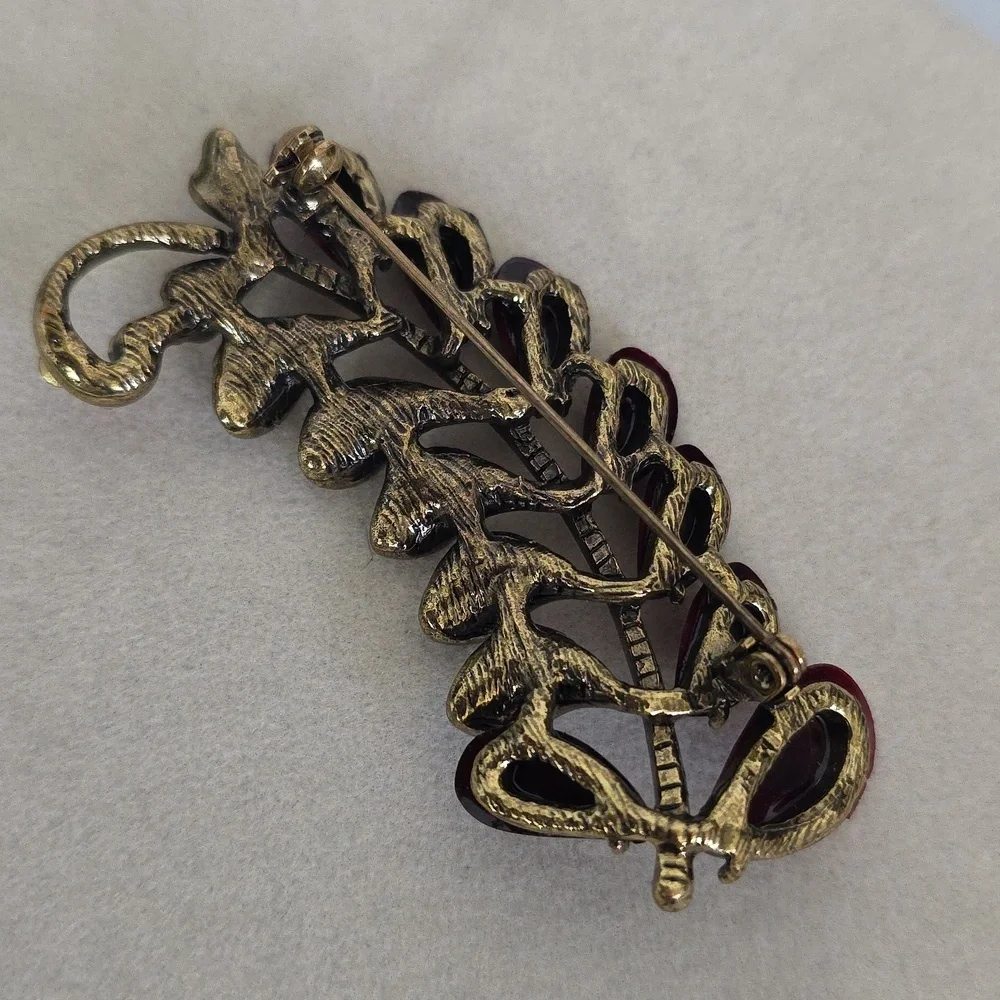 Vintage Antique Gold Red Fern Branch Brooch Pin